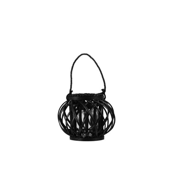 Urban Trends Collection Bamboo Round Bellied Lantern w/Rope Handle, Hurricane Glass Candle Holder & Coated Black - Small 57614